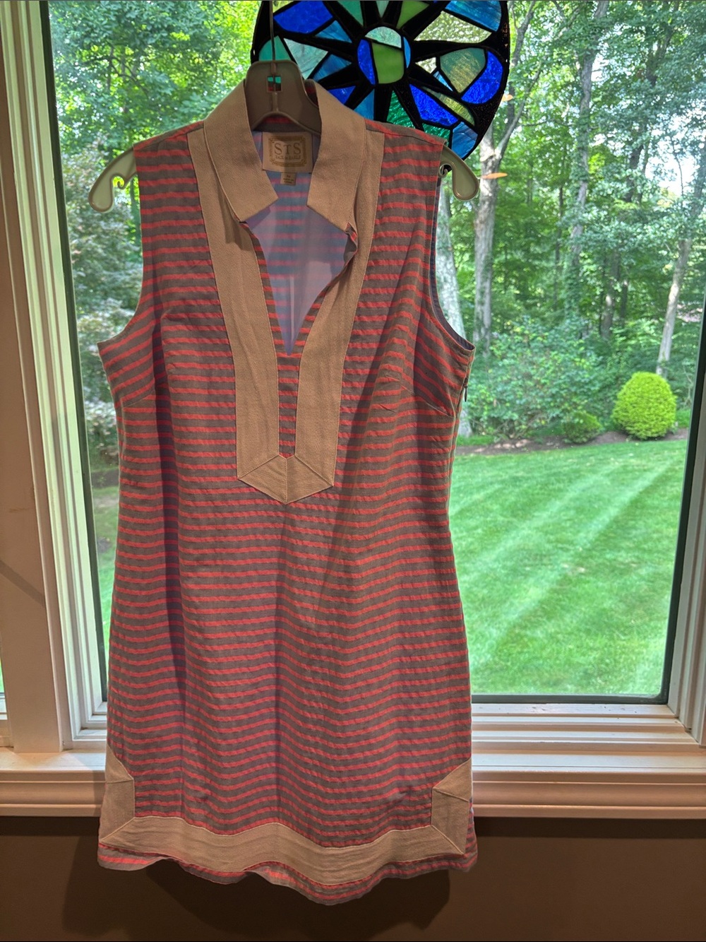 Sleeveless Pink and Blue Striped Mini Dress with Cream Trim